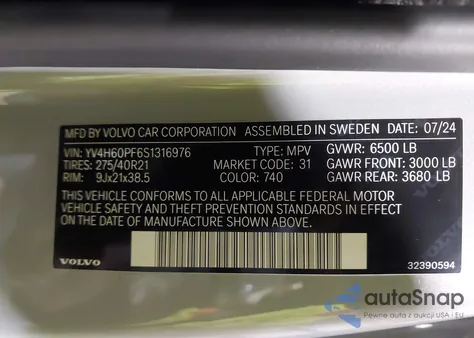 2025 Volvo Xc90 Plug-In Hybrid T8 Ultra 7-Seater from USA, damaged, VIN YV4H60PF6S1316976